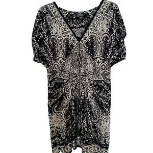 Angie Dress L Shirred Waist Peasant Summer Black Tan Mini